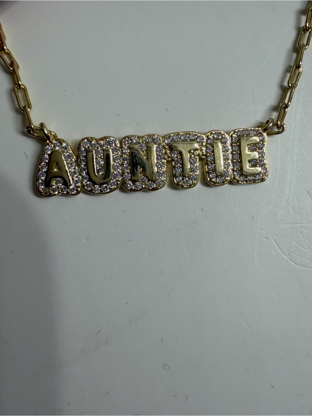Isabella M “Auntie” Necklace 18K Gold Plated Cubic Zirconia Pave Pendant 16+2"